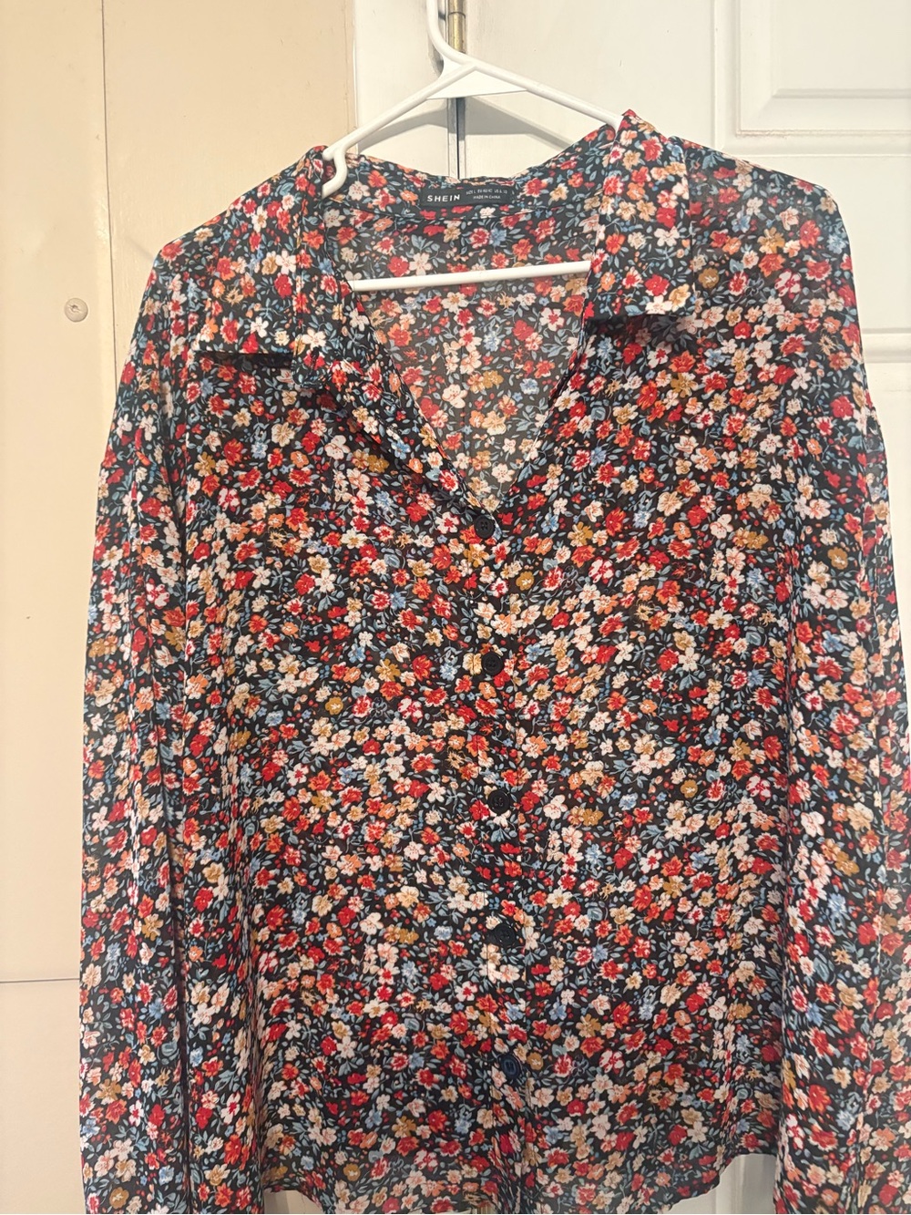 SHEIN Black Floral Button-Down Blouse with Red & Blue Accents